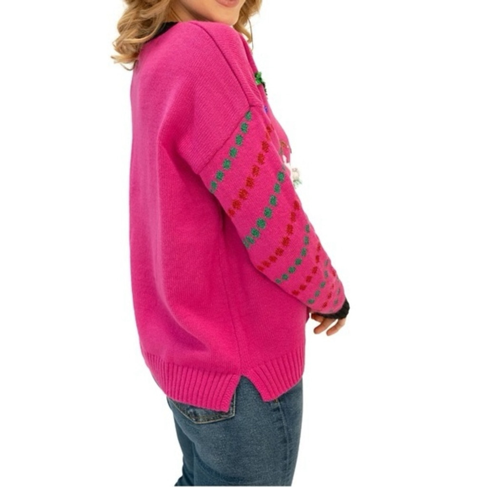 33 Degrees Women's Dancing Santa and Reindeer Ugly Christmas Sweater Pink L NWT - Picture 3 of 10